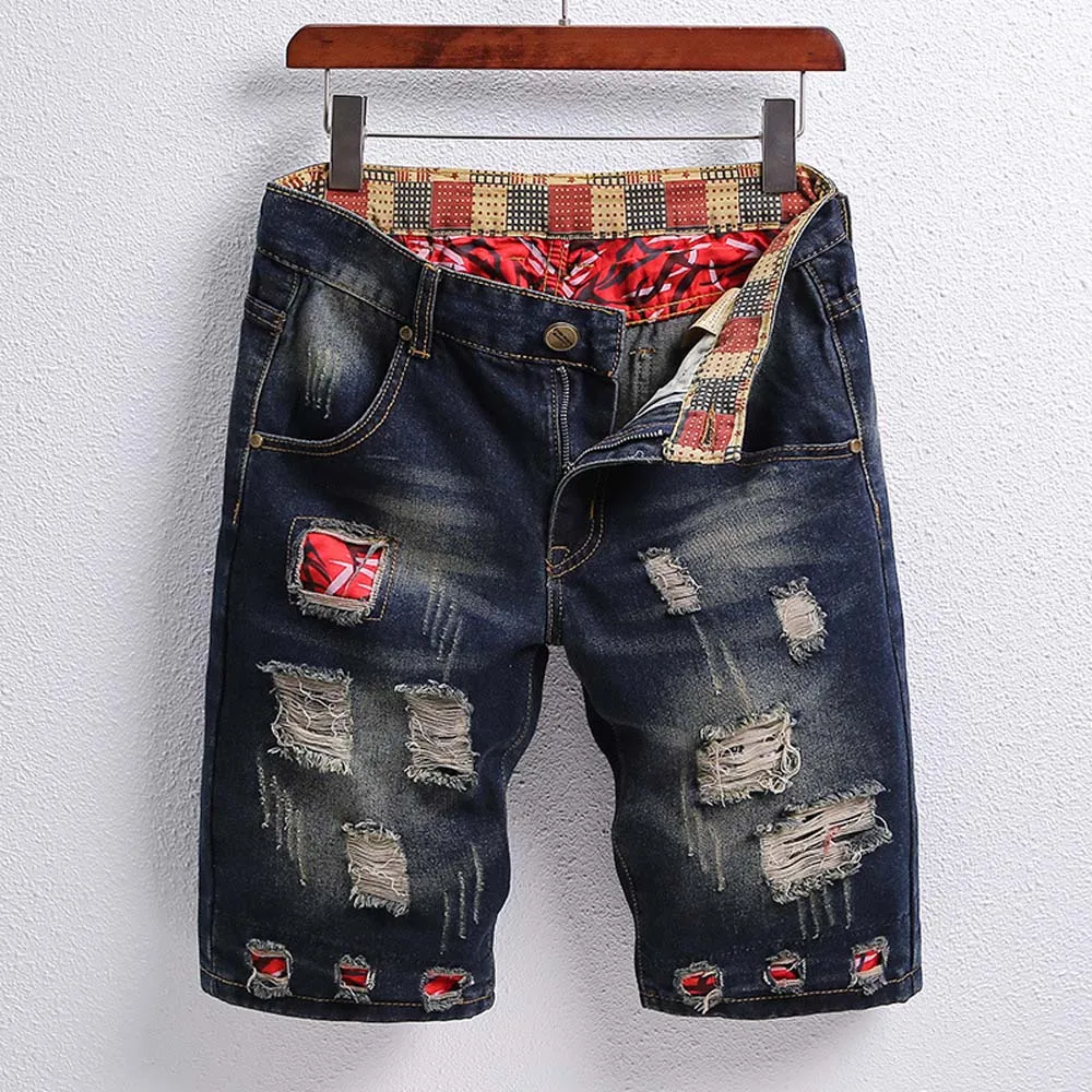 Rasgado Patch Calça Jeans Curta Masculina 2023 Verão Raggedy Cinco-cêntimo Mendigo Denim Calças Estilo Britânico de Alta Qualidade Tendência jeans masculinos