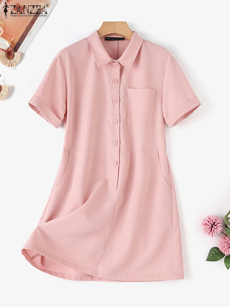 Elegante camisa sólida vestido 2025 zanzea verão feminino trabalho na altura do joelho vestido de verão elegante casual lapela pescoço manga curta vestidos