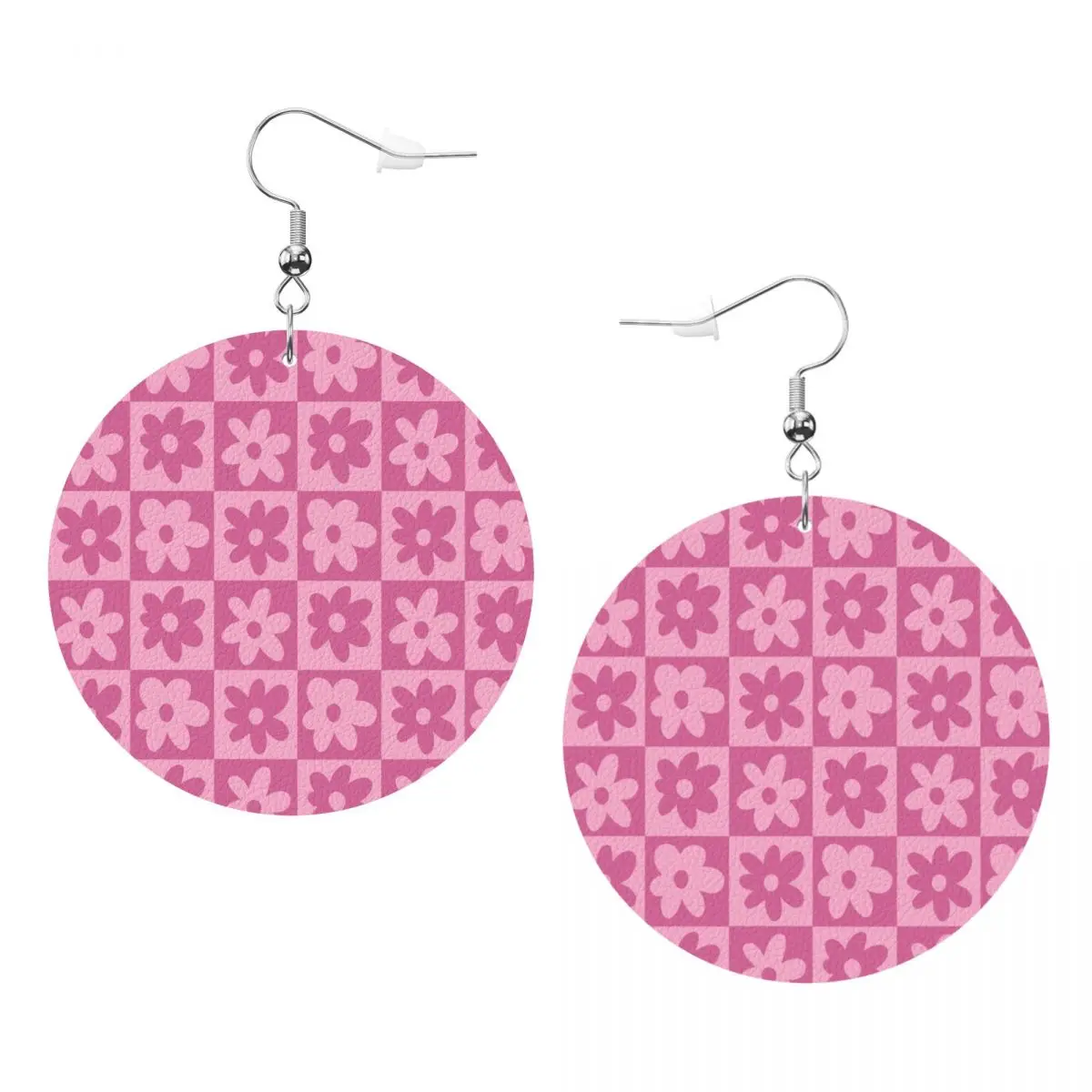 

Кожаные серьги из ПВХ с розовым ромашковым клетчатым узором на заказ, висячие серьги, ювелирные изделия для женщин, подарок для жены, матери