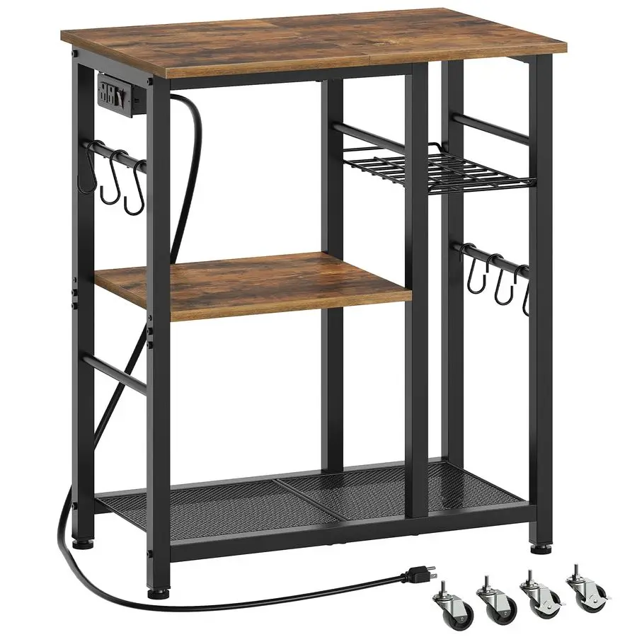 

Bakers Rack, Microwave Stand with Charging Station, Kitchen Storage Rack with Hooks and Basket, Casters and Adjustable Feet, for