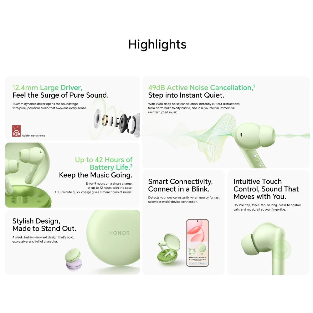 HONOR Earbuds A Pro, Controlador Grande de 12.4 mm, Cancelación Activa de Ruido de 49 dB, 42 Horas de Duración de la Batería, Bluetooth 5.3, IP54 3
