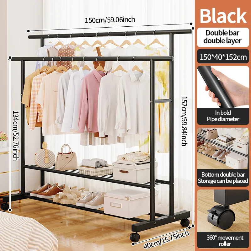 Large Capacity Movable Double Rod Cloth Rack Coat Rack Organizer With Storage Shelves Metal Garment Rack for Bedroom,Balconyprom