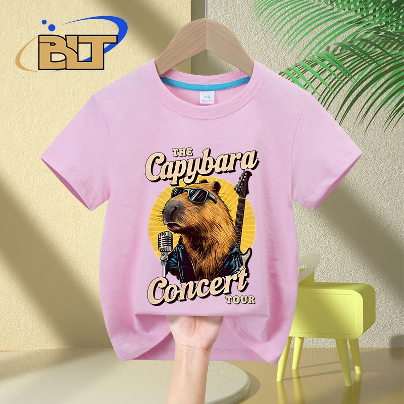 Capybara เสื้อยืดพิมพ์ลายการ์ตูนสำหรับเด็ก, เสื้อยืดลำลองแขนสั้นผ้าคอตตอนสำหรับทัวร์คอนเสิร์ตฤดูร้อนสำหรับเด็กผู้ชายและเด็กผู้หญิง