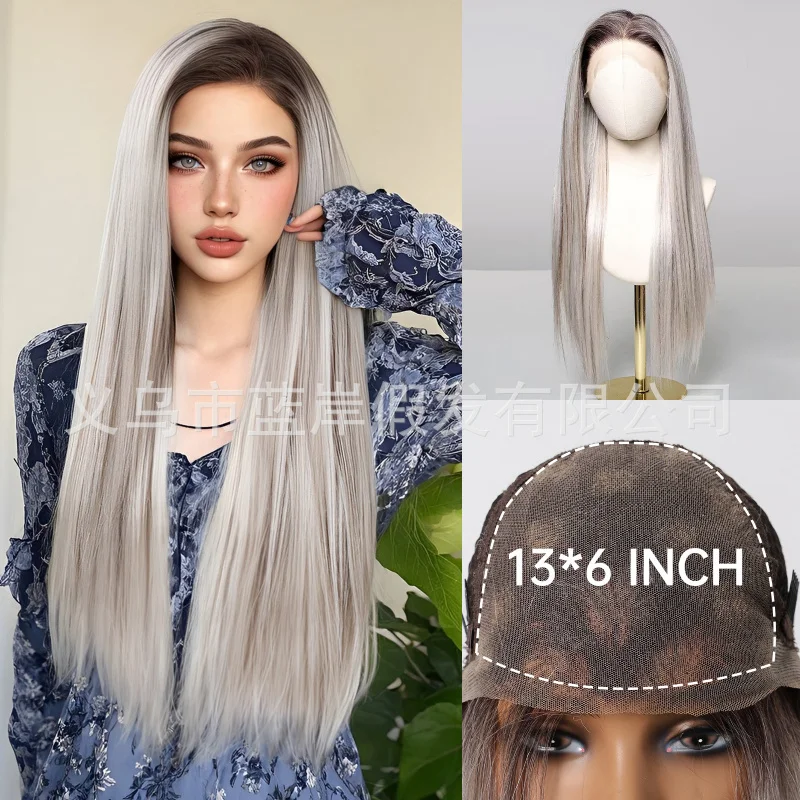 

13*6 lace full wig, middle parting, gradient white-gold color, everyday style wigs
