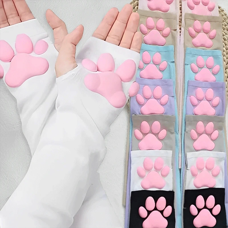 3D Silicone Pink Cat Claw Paw Pads Soft Fingerless Fluffy Sun Protection Cool Sleeves Cute Gloves Long Tube for Women Girl\'s