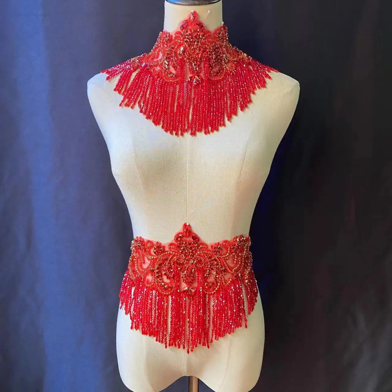 3D Red Fringe Rhinestone Beaded Applique Diamond Chain Patch for Bridal Cape Necklace,Full Body Jewelry,Sash Crafts