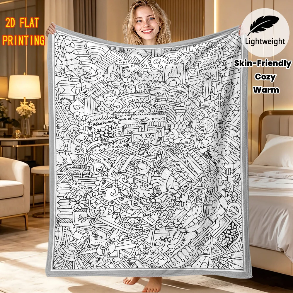 Art Coloring Blanket DIY blanket Surreal Mixed Element Graffiti Doodle Sketch Throw Blanket Warm Portable Flannel Blanket