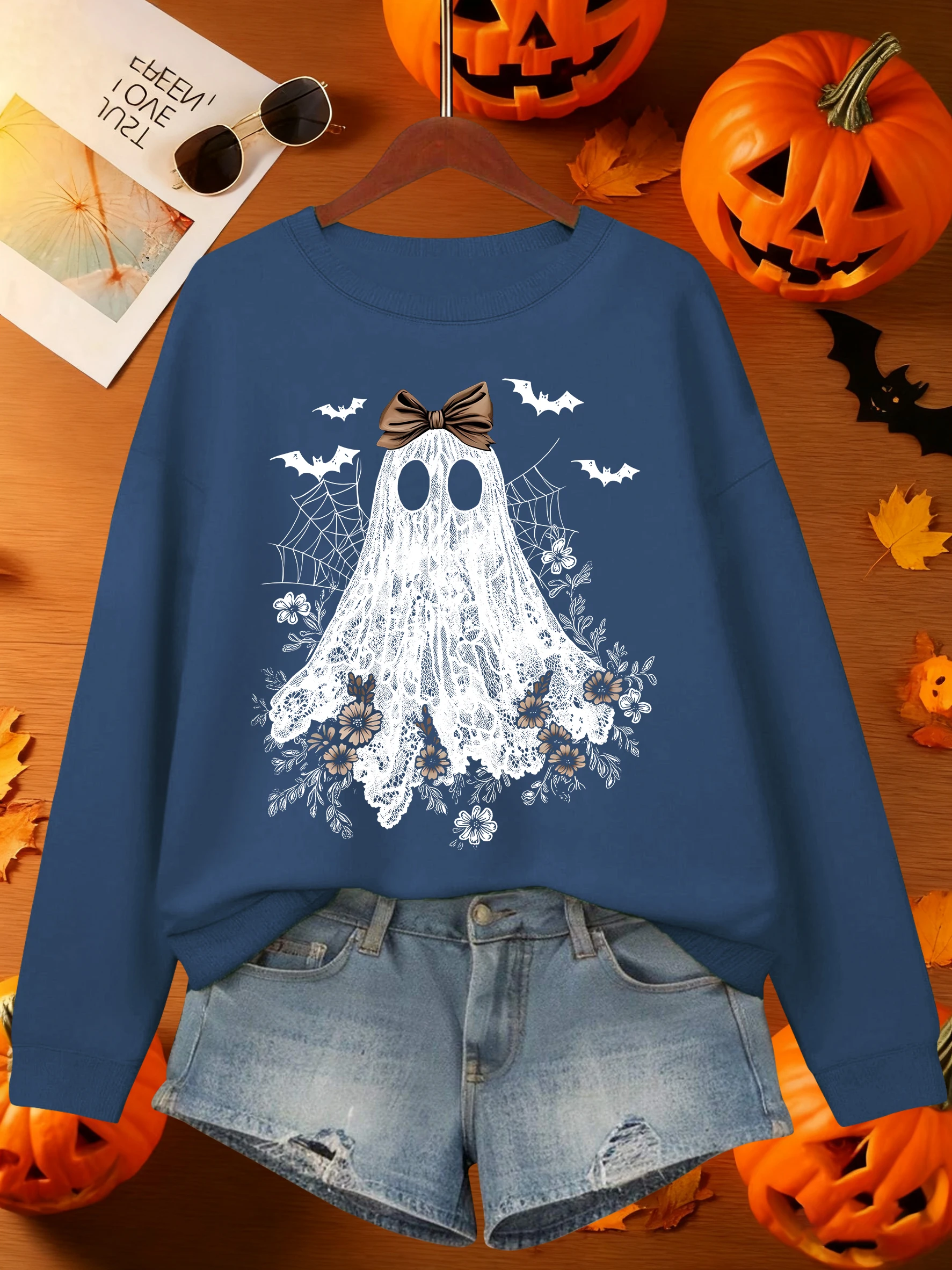 Happy Halloween Flowers Ghost Prints  Female Pullovers Hipster Casual Sweatshirt hip hop Loose Clothing Fleece Fashion Woman Top