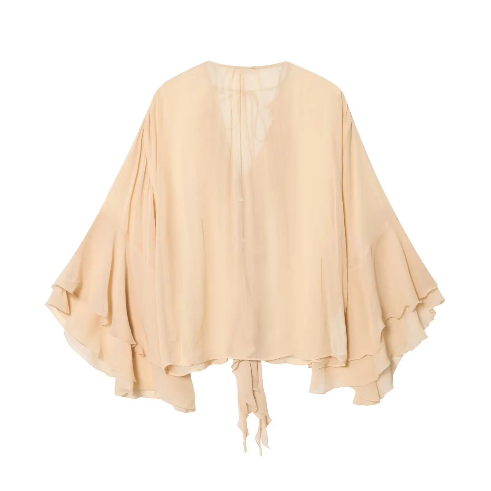 BSAY Women's Autumn New Collection 2025 Fashionable Versatile V-neck French Style Low neck Lace up Ruffle Flannel Sleeve Shirt