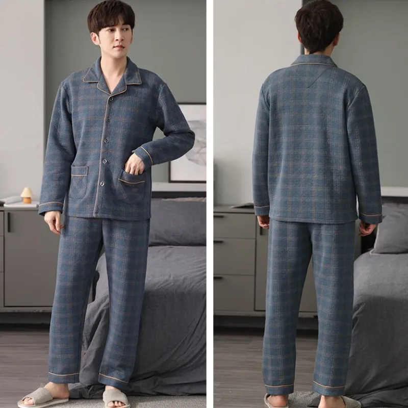 Pijama de algodão puro masculino, algodão intercalar espesso, conjunto de pijamas quentes, roupa doméstica larga e grande, decote em v, outono e inverno, novo, 2024