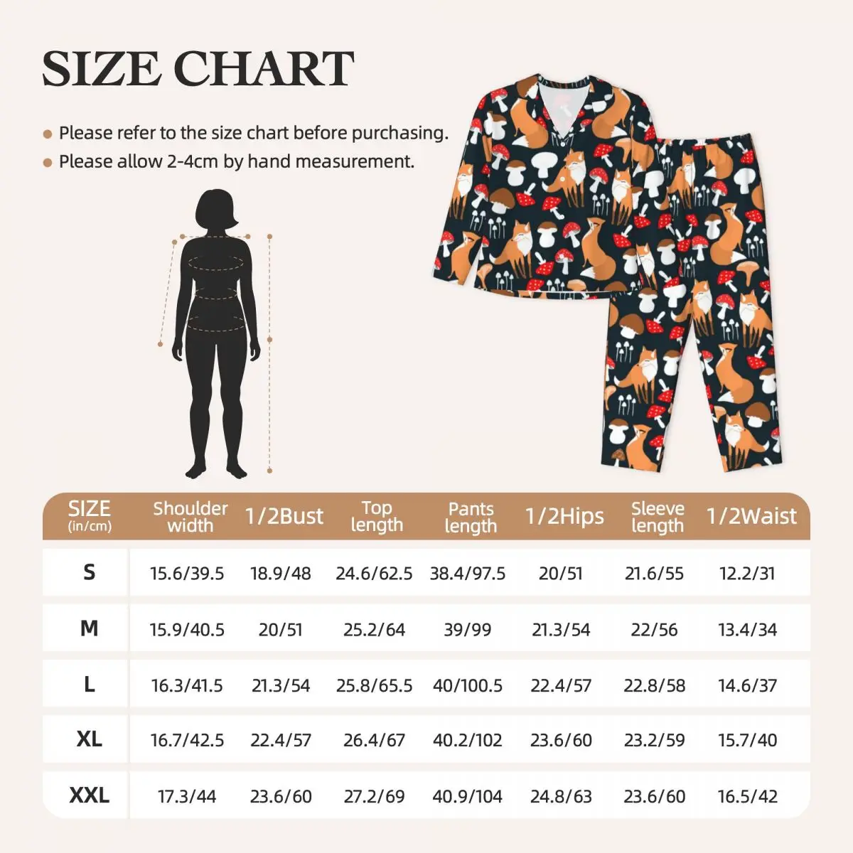 Cute Fox And Mushrooms Pajama Set Autumn Animal Print Warm Night Sleepwear Female Two Piece Loose Oversized Nightwear Gift