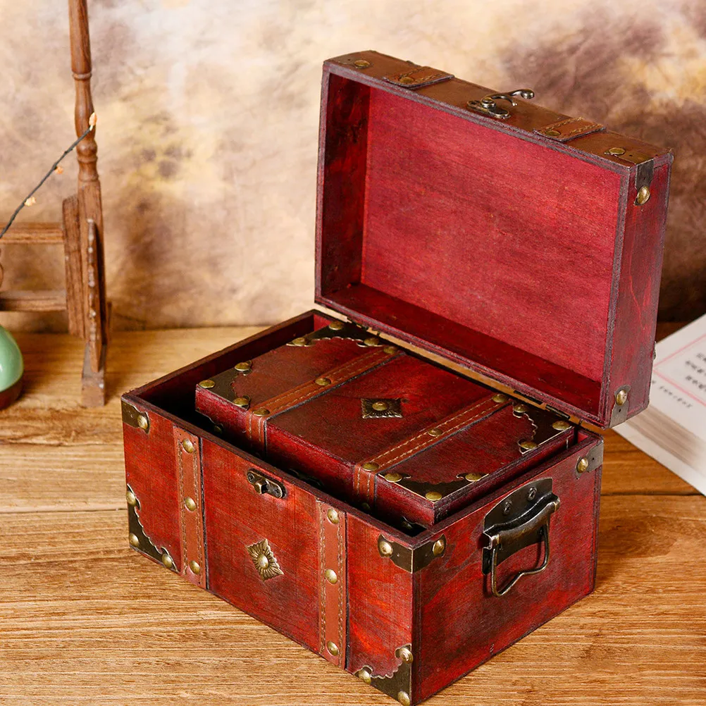 Vintage Wooden Treasure Chest with Decorative Carvings Round Rivet Details Storage Box for Jewelry Cosmetics Trinkets Living