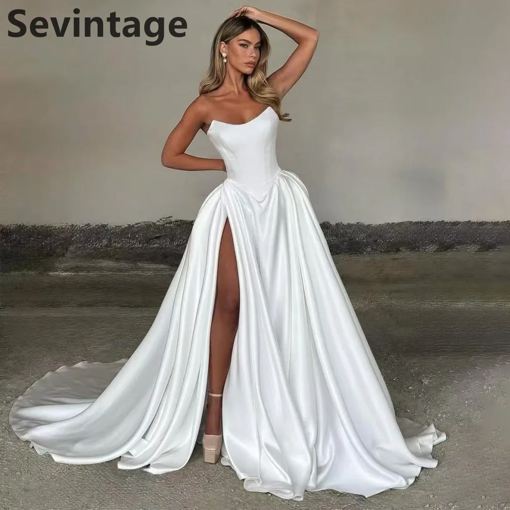 

Sevintage 2025 Elegant A Line Satin High Slit Strapless Wedding Dress Customized Bridal Gowns Robe de mariée