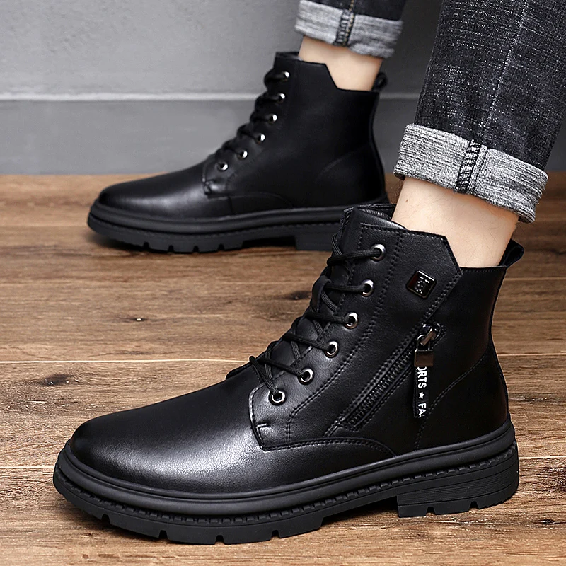 Man ankle Boots Genuine Leather 2024 Winter Men\'s cow Leather Shoes Ankle Boot Male Winter Shoe Plush Fur Warm shoes men