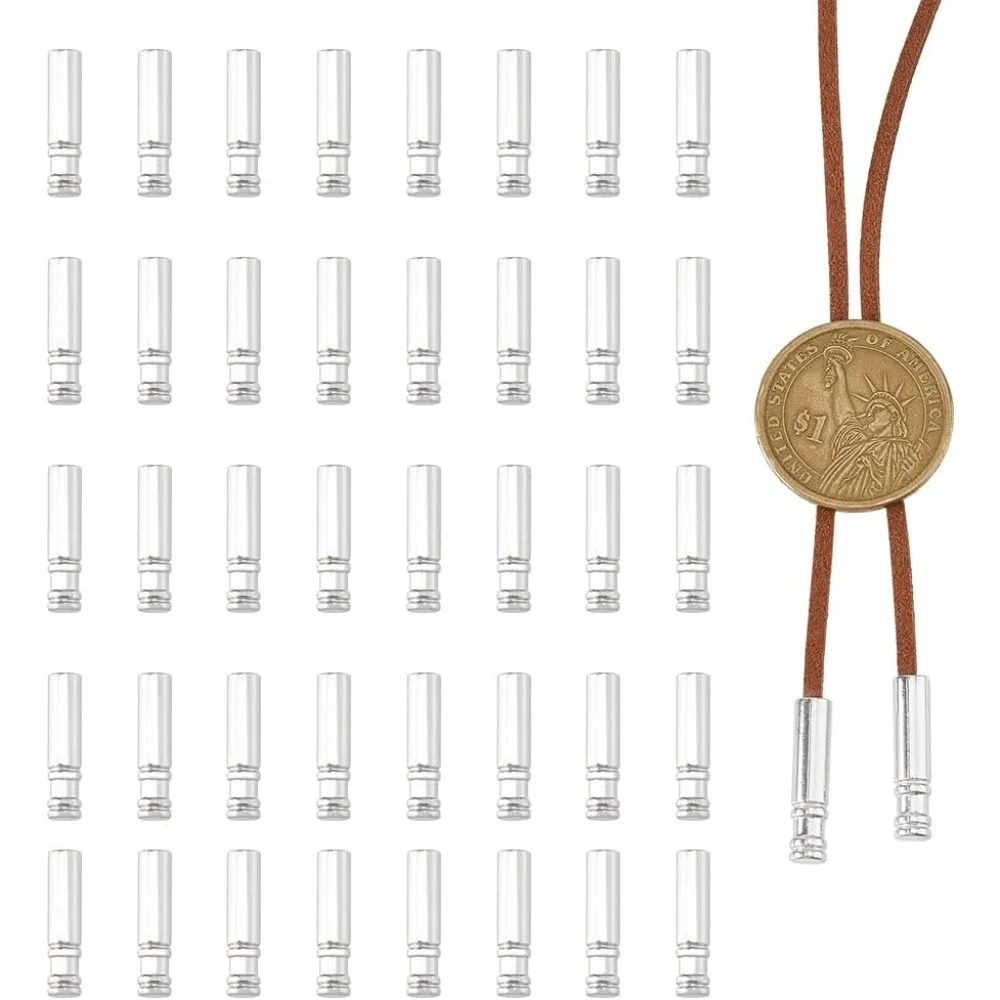 60Pcs Bolo Tie Tips Bolo Cap Buckle Replacement Silver Long Cord Ends Metal Accessories Alloy Bolo Findings with 4mm Inner kit