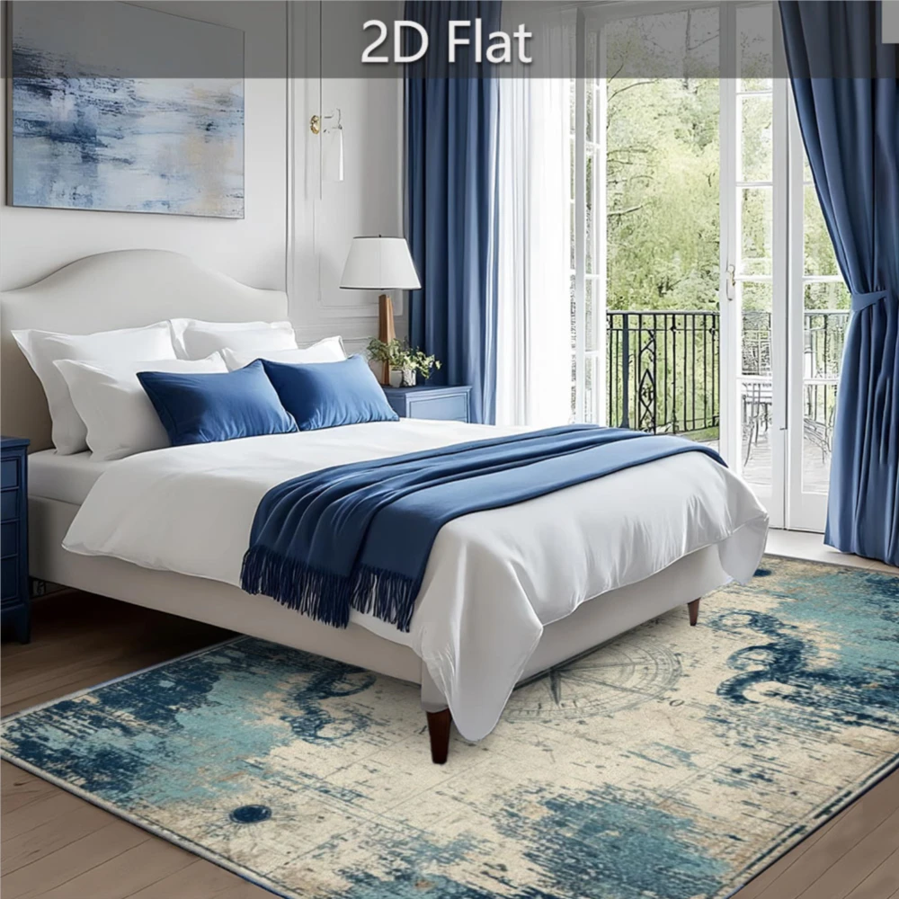 Nautical Map Compass Printed Rug, 2D Flat Non‑Slip Machine Washable Mat for Bedroom Bathroom Kitchen Dorm Office Indoor Decor