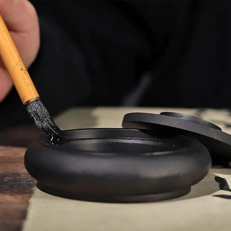 Ink Chinese Calligraphy Stone Inkstone Handmake Brush Holder Painting Practical Inkslab Round Inkstone Lid Sumi Dish Ink Disc