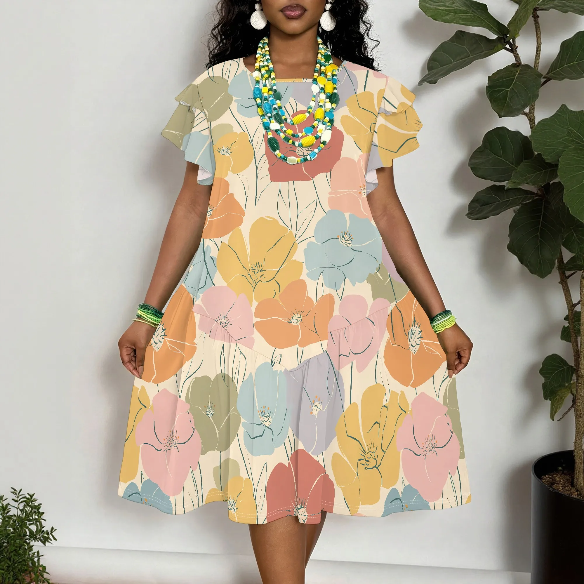 

Women's Floral Print Short Sleeve Ruffle Dress - Casual Summer Tunic Top with Abstract Flower Pattern