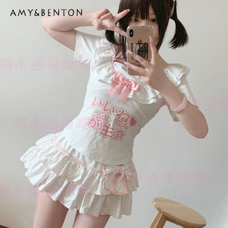 

Original White Polka Dot Print Bow Women's Sling T-Shirt Japanese 2025 New Sweet Cute Age-Reducing Short Sleeve T-Shirts Ladies