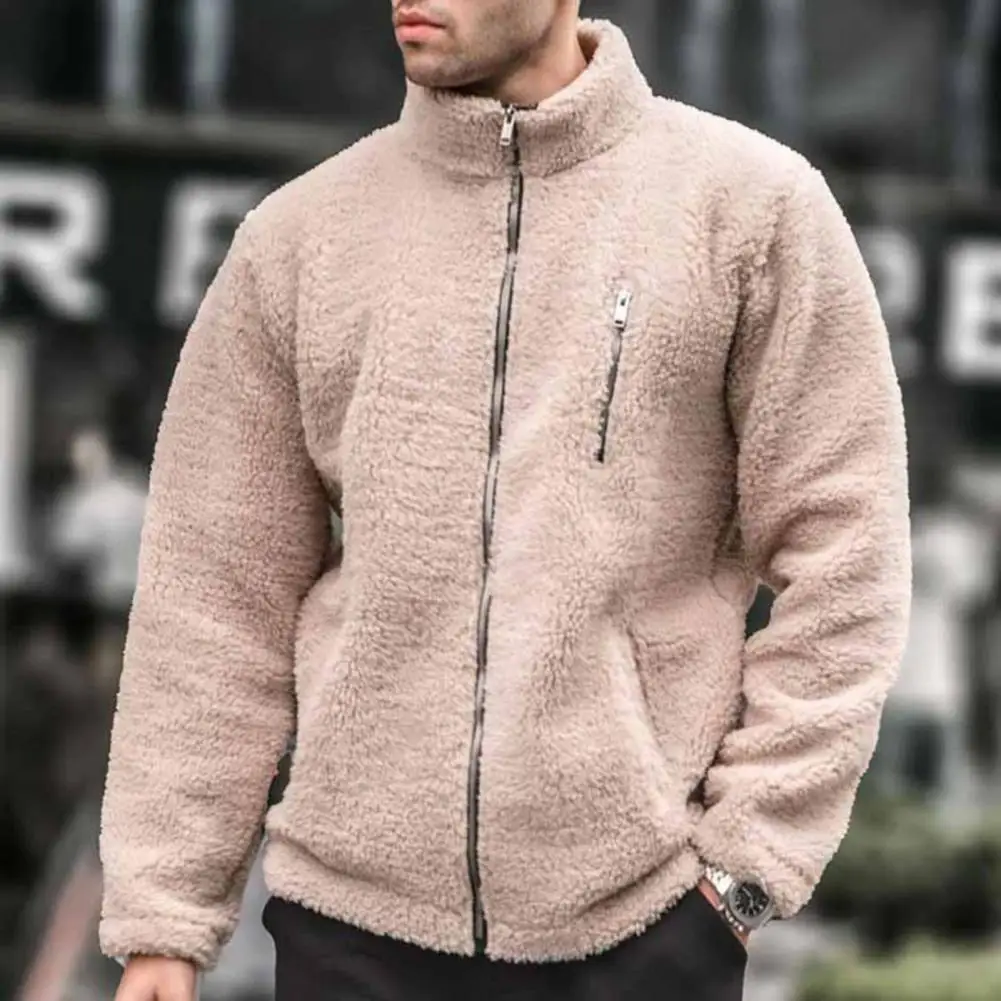 

With PocketsMen Polar Fleece Jacket For Winter Solid Color Stand-Up Collar Long Sleeve Zipper Fly Coat Loose Fit Male Outwear