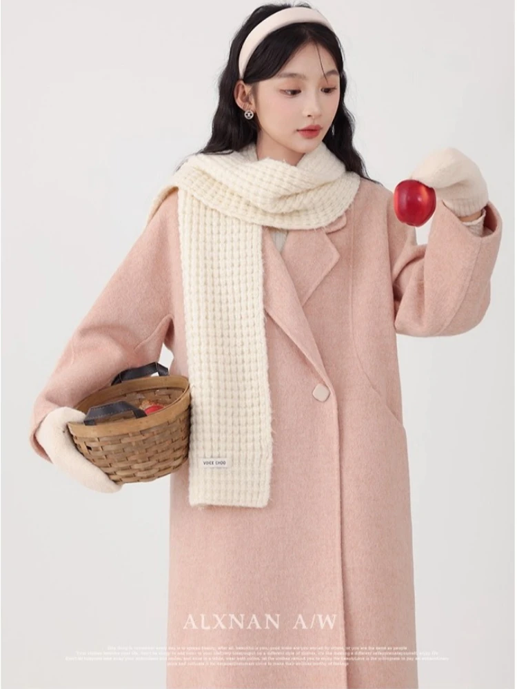 

ALXNAN Pink Wool Coat for Women 2025 Autumn Winter Warm Long Outerwears Office Lady Elegant Loose-fit Overcoat Female LXN32276