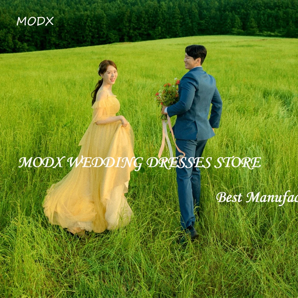 MODX Yellow Elegant Tulle Wedding Dresses Korea Photo shoot Off-Shoulder Floor Length Garden Bridal Gowns Corset Back Evening