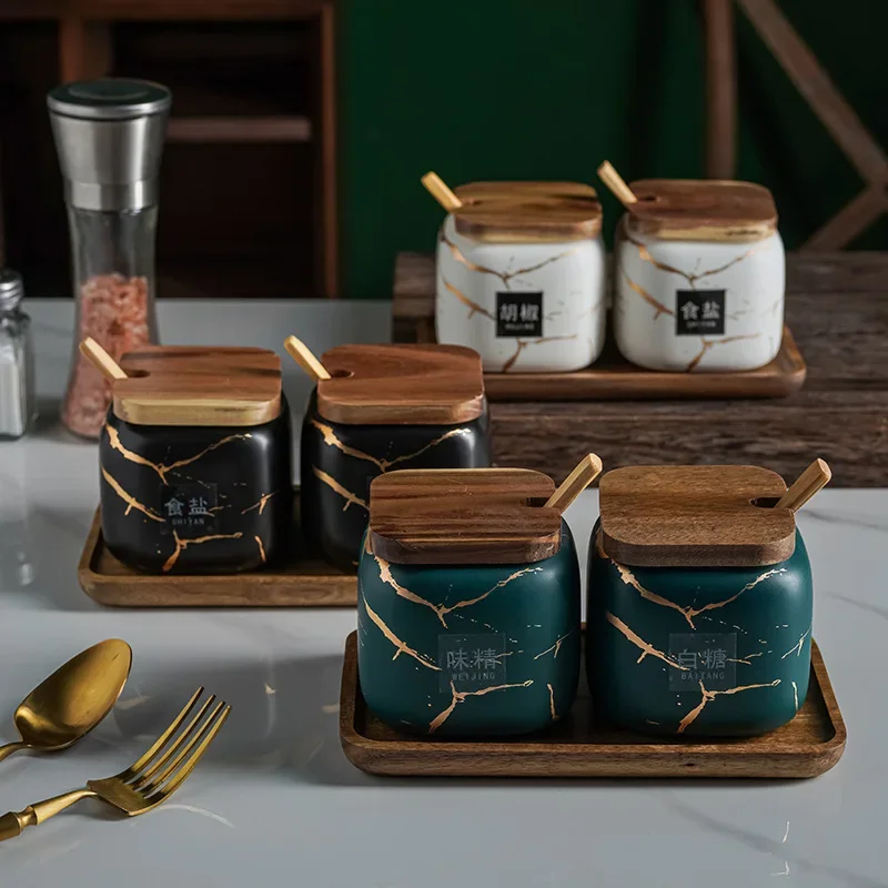 Japanese Kitchen frosted seasoning pot set two pack marble ceramic household combined seasoning box salt sugar seasoning bottle