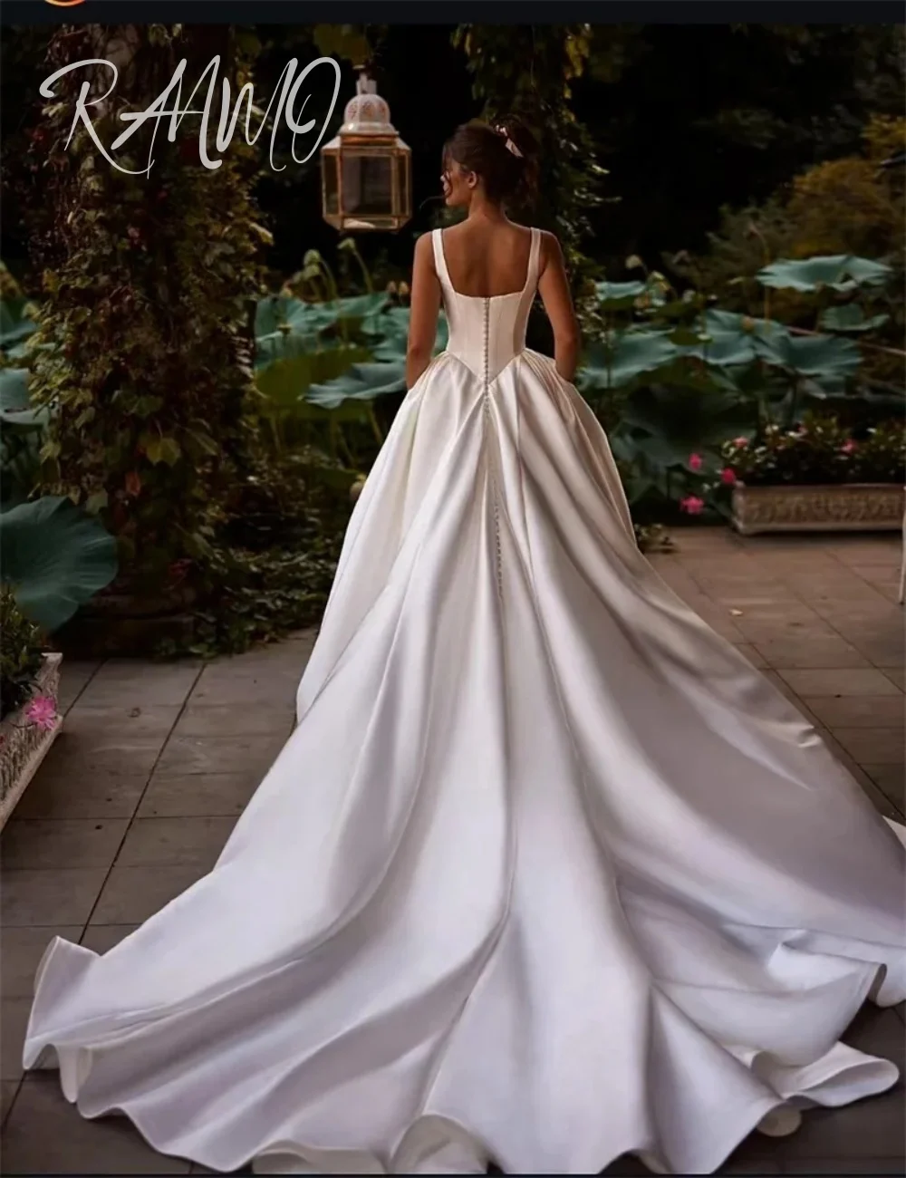 Ranmo رشيقة الساتان فساتين الزفاف المرأة ألف خط زي العرائس قارب الرقبة بلا أكمام سويب تراين مخصص Vestidos De Novia