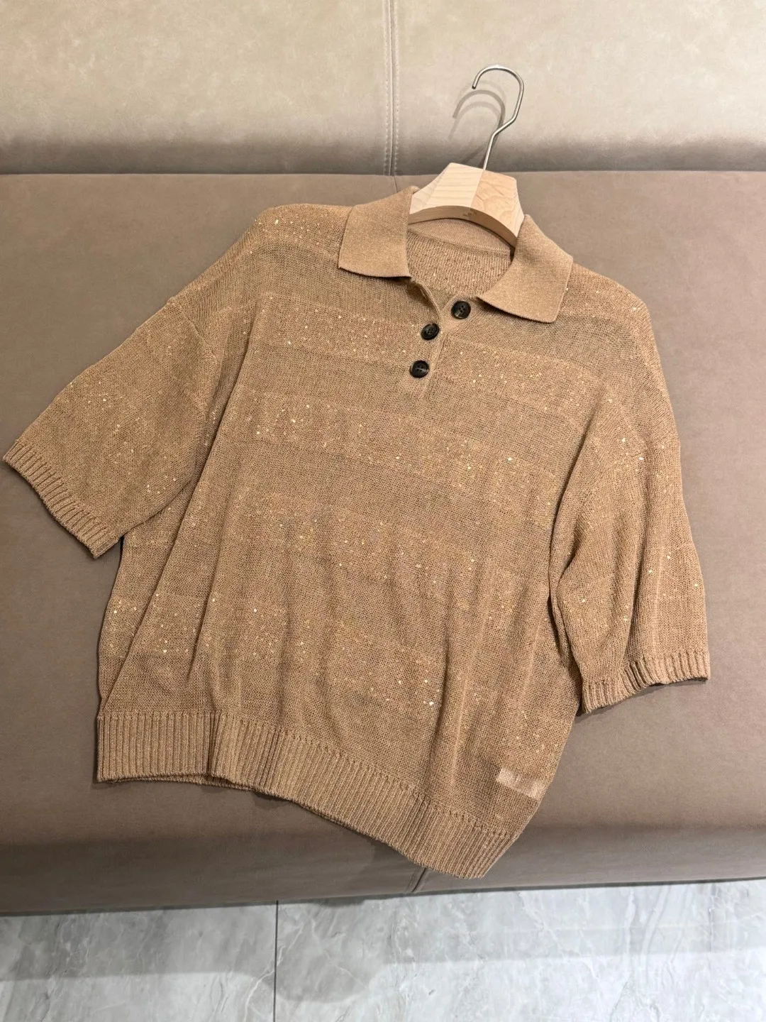 

New Women'S Linen Sequined Yarn Lapel Short-Sleeved Casual Knitted Sweater Versatile And Fashionable