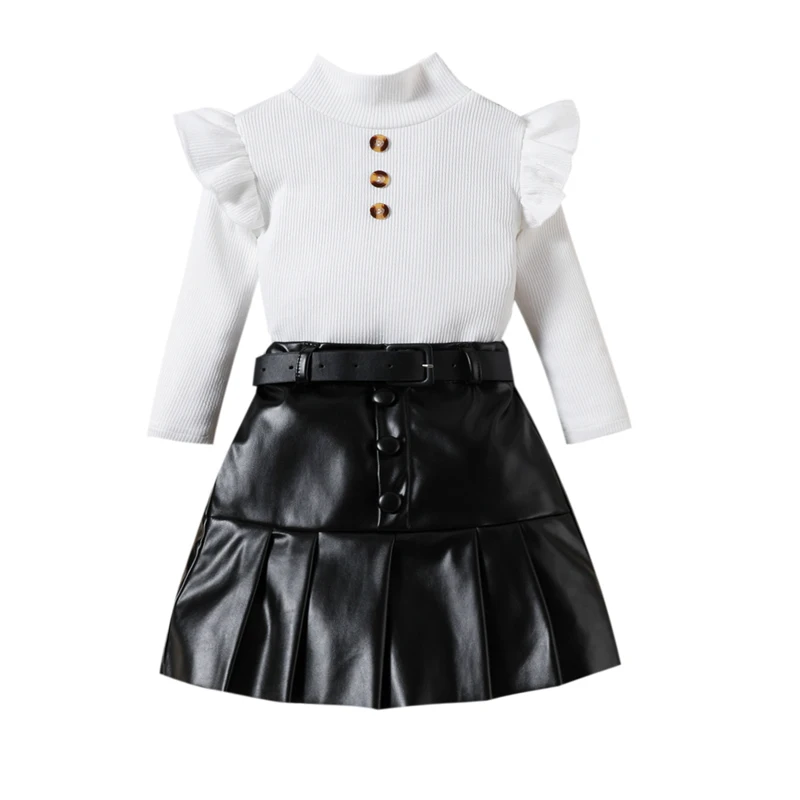 

Motlapol Toddler Girl Fall Outfit Sets Ruffle Long Sleeve Mock Neck Ribbed Top Pleated Leather Skirt 2Pcs Picture Day Clothes