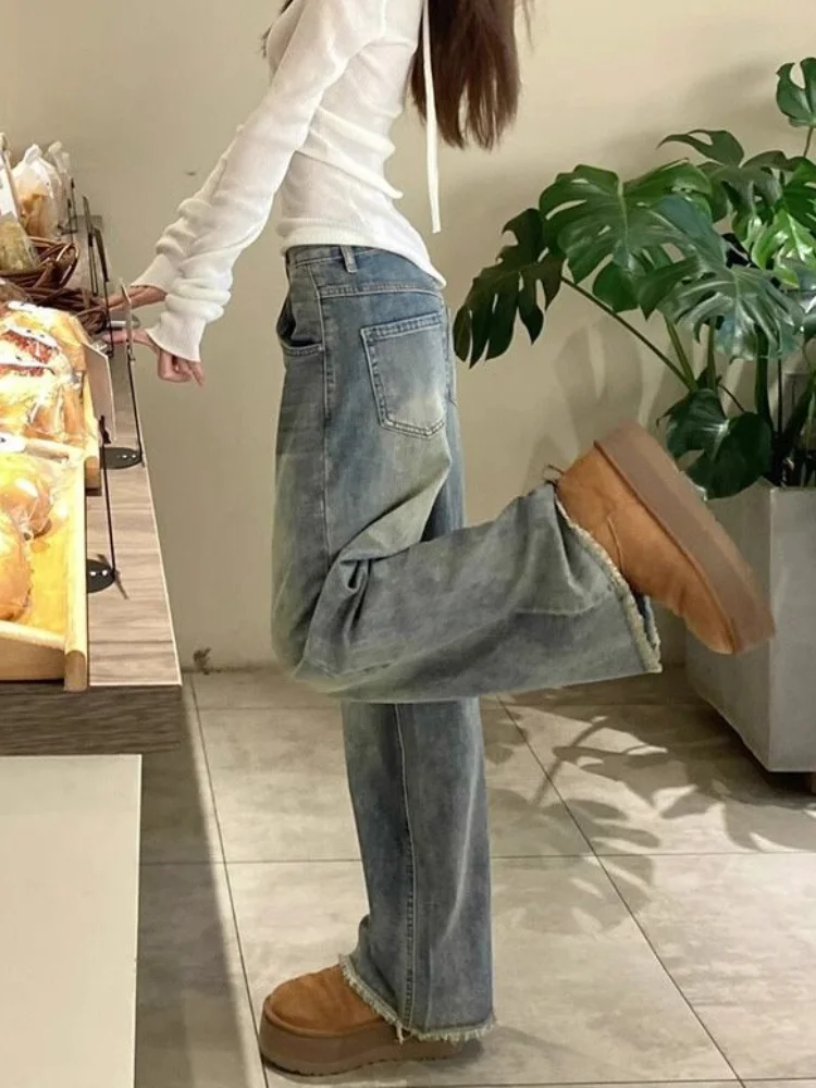 American Retro Wide Leg Jeans Women Slender Slimming Drape Vintage Fur-lined Loose Soft High Waist Streetwear Casual All-match