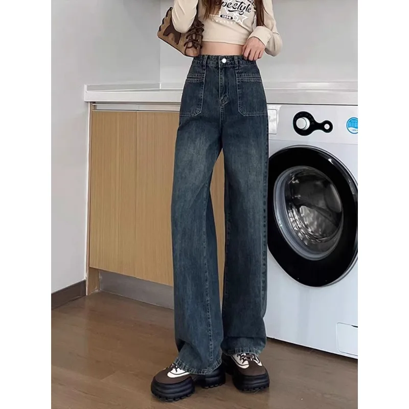 

Удобные женские прямые джинсы для отдыха, классическая винтажная уличная одежда Y2K, широкие мешковатые джинсовые брюки с высокой талией, синие