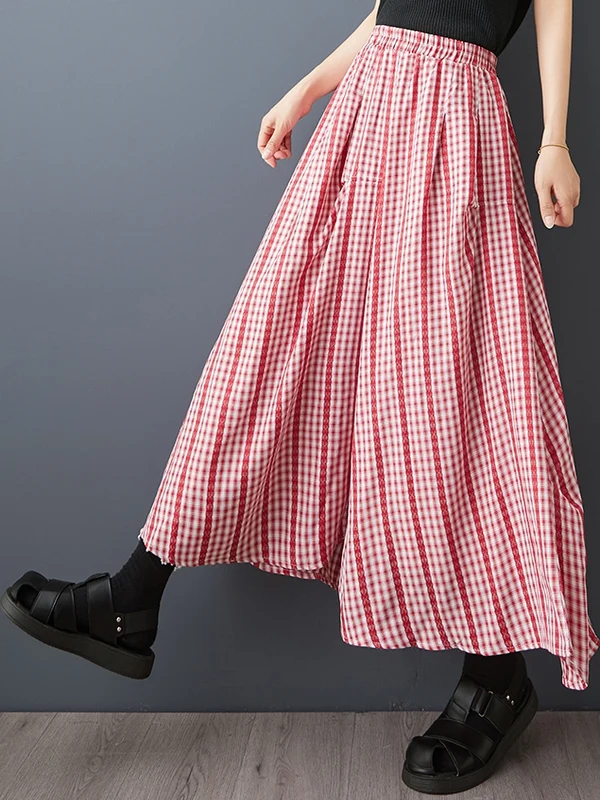 

Новинка лета 202, свободная привлекательная клетчатая юбка-миди, юбка трапециевидной формы с высокой талией, корейская универсальная длинная юбка с большим подолом