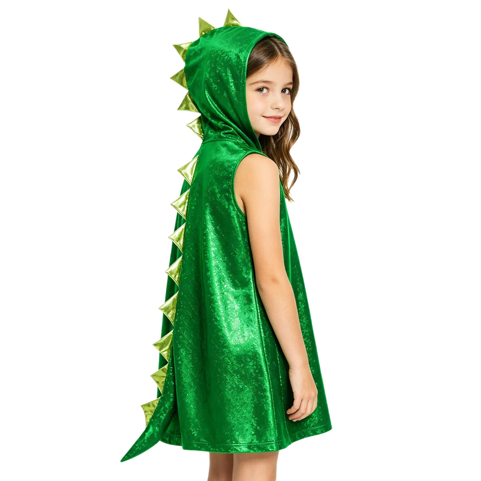 Kids Girls Dinosaur Dress Metallic Gloss Sleeveless Dragon Hooded 3D Tail Design Dress for Carnival Animal Fancy Party Dress Up