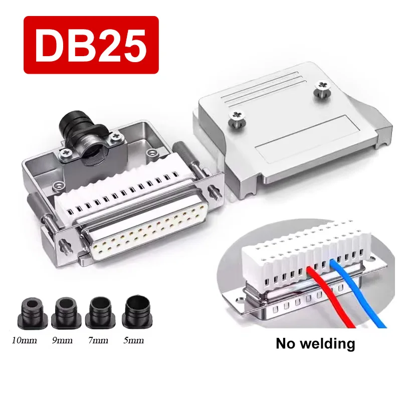 DB25 RS232 Serial Port Plug Metal Shell Connector with Thin Soldering-free Solid 25Pin Solderless Male Female Terminal Blocks