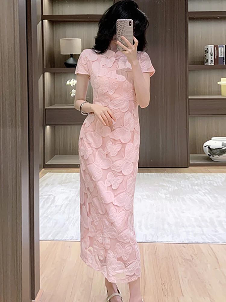 Vrouwen roze jacquard uitgehold korte mouw jurk zomer elegante casual vakantie lange jurk 2025, Koreaanse bodycon festival vestidos