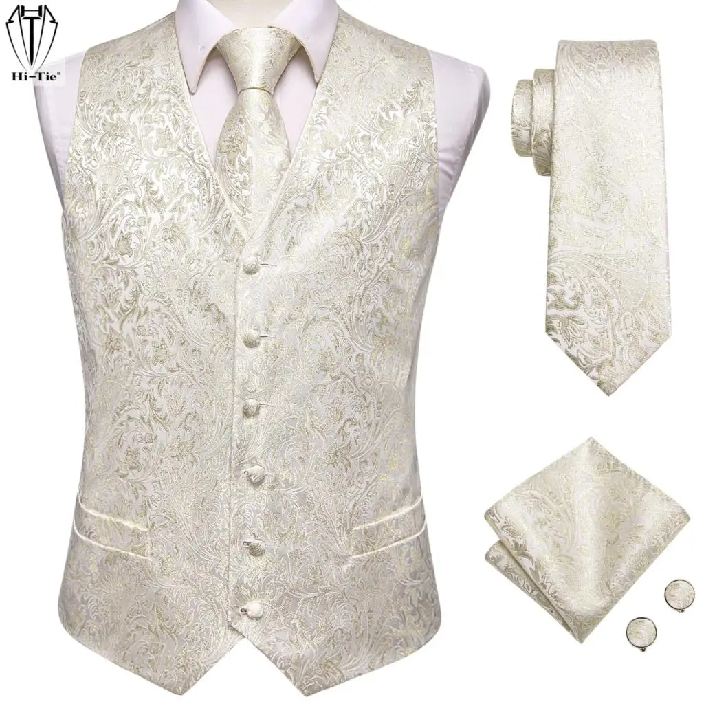 

Hi-Tie Beige Yellow Silk Mens Vest Hanky Cufflinks Set Jacquard Floral Social Waistcoat Sleeveless Jacket for Wedding Business