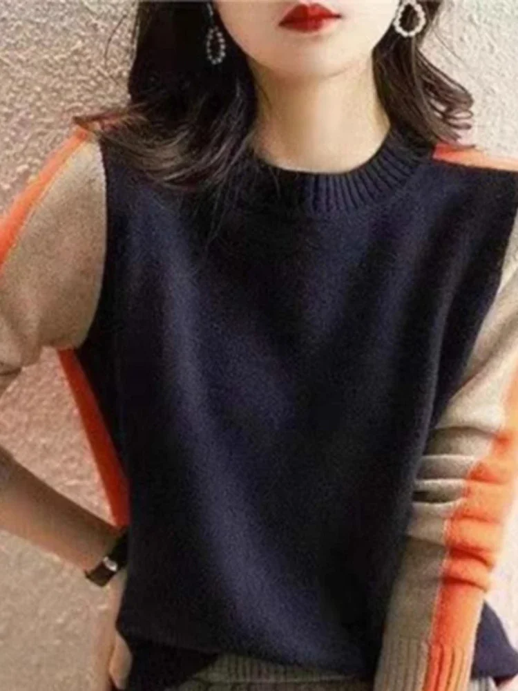 

2024 Autumn Fashion New Women's Elegant Knitted Hoodie Spliced Round Neck Color Blocked Casual Interior Bottom Long Sleeve Top