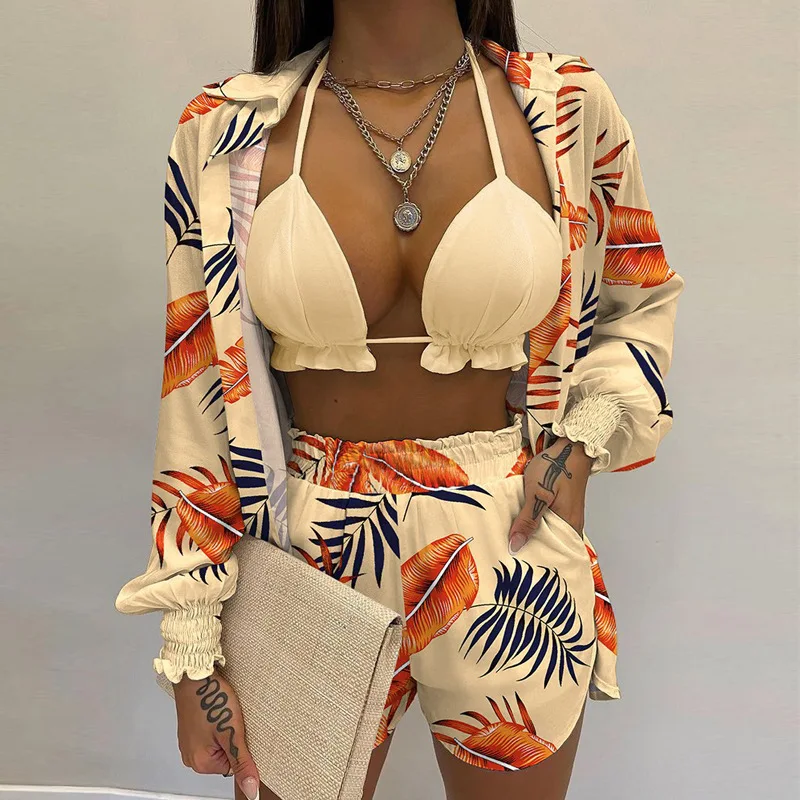 2026 New Bathing Suit Shorts Cover Up Summer Three Pieces Swimwear Sexy Beachwear High Waist Bikini Set Print Women's Swimsuit