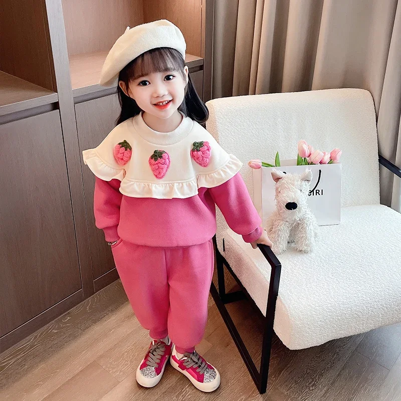 Children Winter Clothing Sets Baby Girls Strawberry Thickened Sweater Pants Kids Clothes Outfits Infant Tracksuits Sportswear