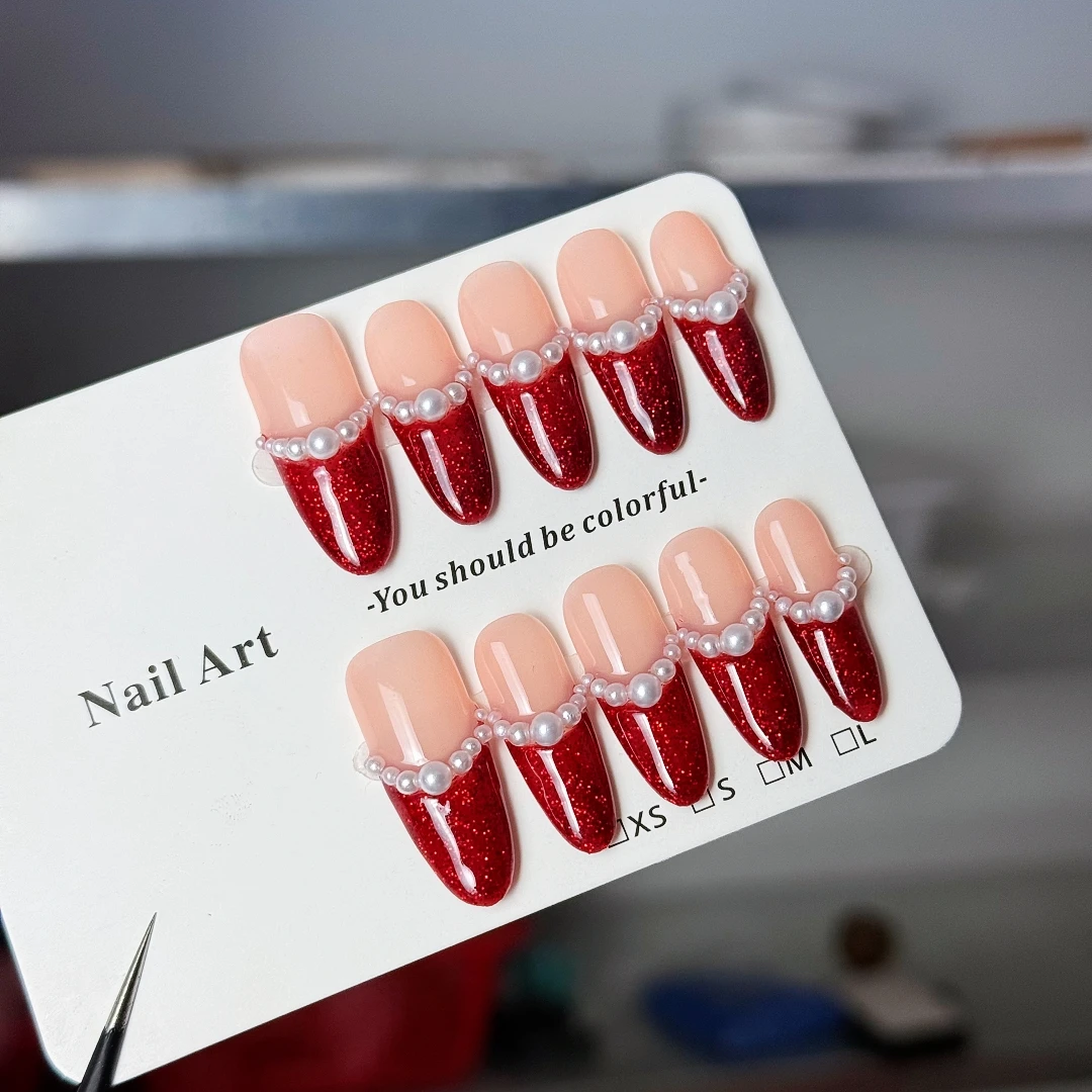 10pcs high-end Luxury-luxurious lady's style, hand-painted white pearls, dazzling red cat eyes handmade fake nails