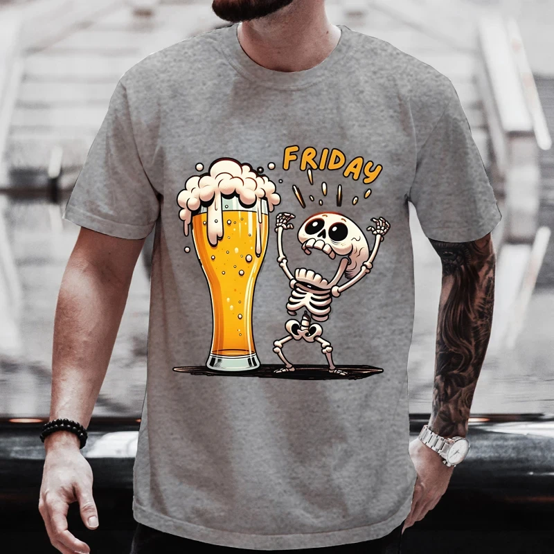 Men\'s T Shirt Short Sleeve Tops Skeleton Enjoying FRIDAY Tees Men T-Shirt Black Tees Finally Friday for Beer Lovers Male Clothes