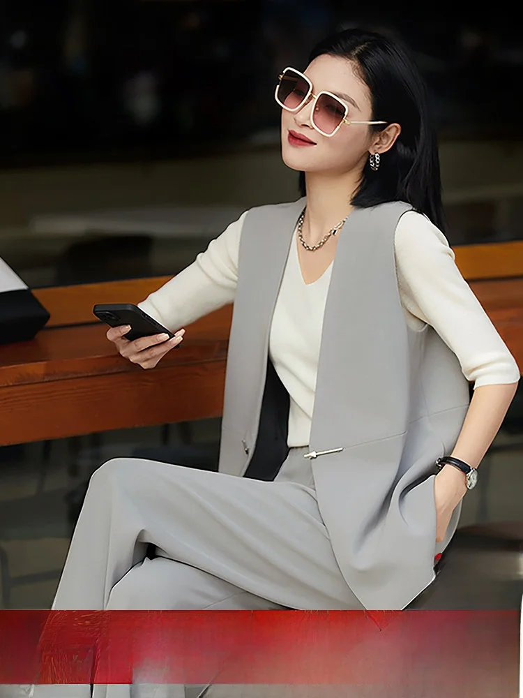 

Xhange Large Lady Aosphere Imported Tee Acetate ROW Sle Women's Vest Top Coat Autumn Season Regular Thin Pure Color