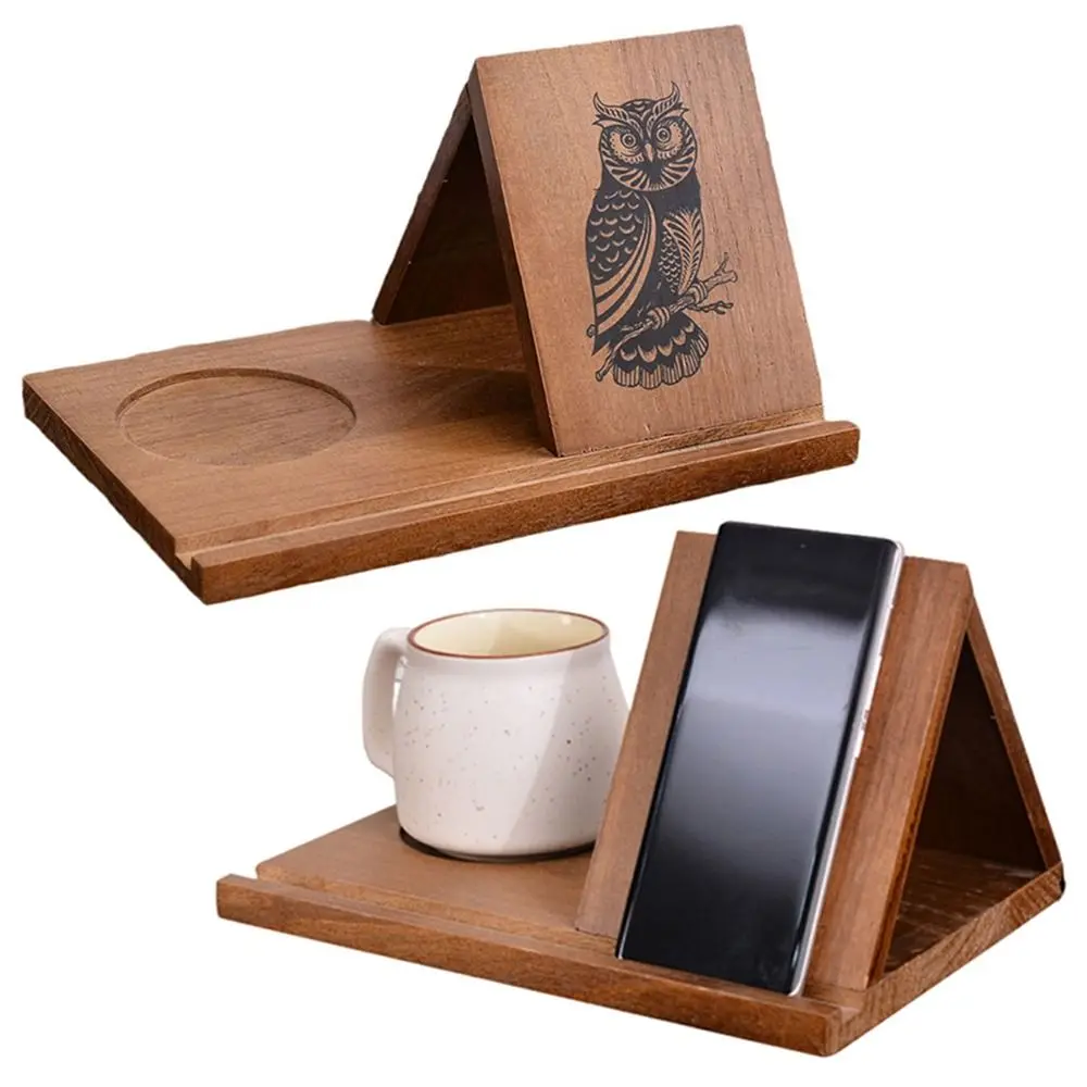 Removable Wooden Reading Stand Owl Handmade Multifunctional Recipe Shelf Small Bookshelf with Cup Holder