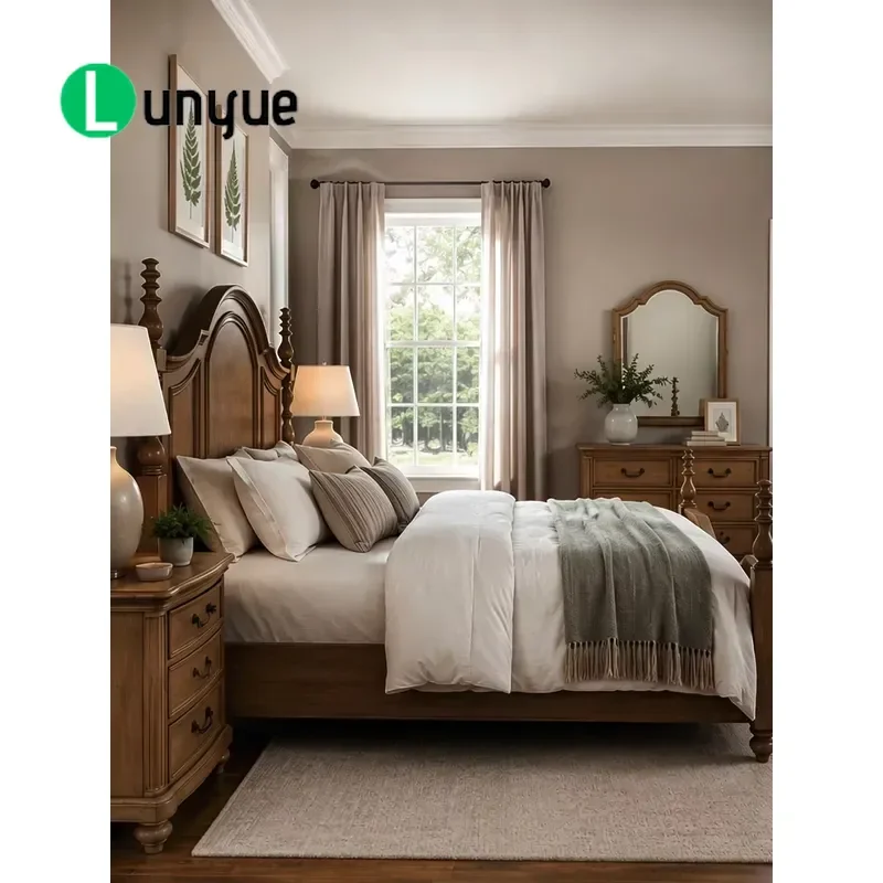 Classic Wooden Bed Frame with Carved Arched Headboard Dark Wood Grain Finish Sturdy Bedroom Furniture for Home Decor