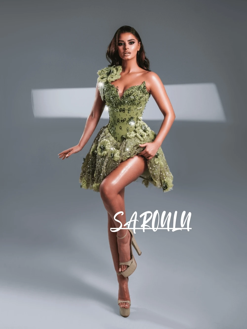 

Шикарное зеленое вечернее платье с цветочным узором, блестящее, А-силуэта, на заказ, для выпускного вечера, гламурное, изысканное, с V-образным вырезом, для дня рождения