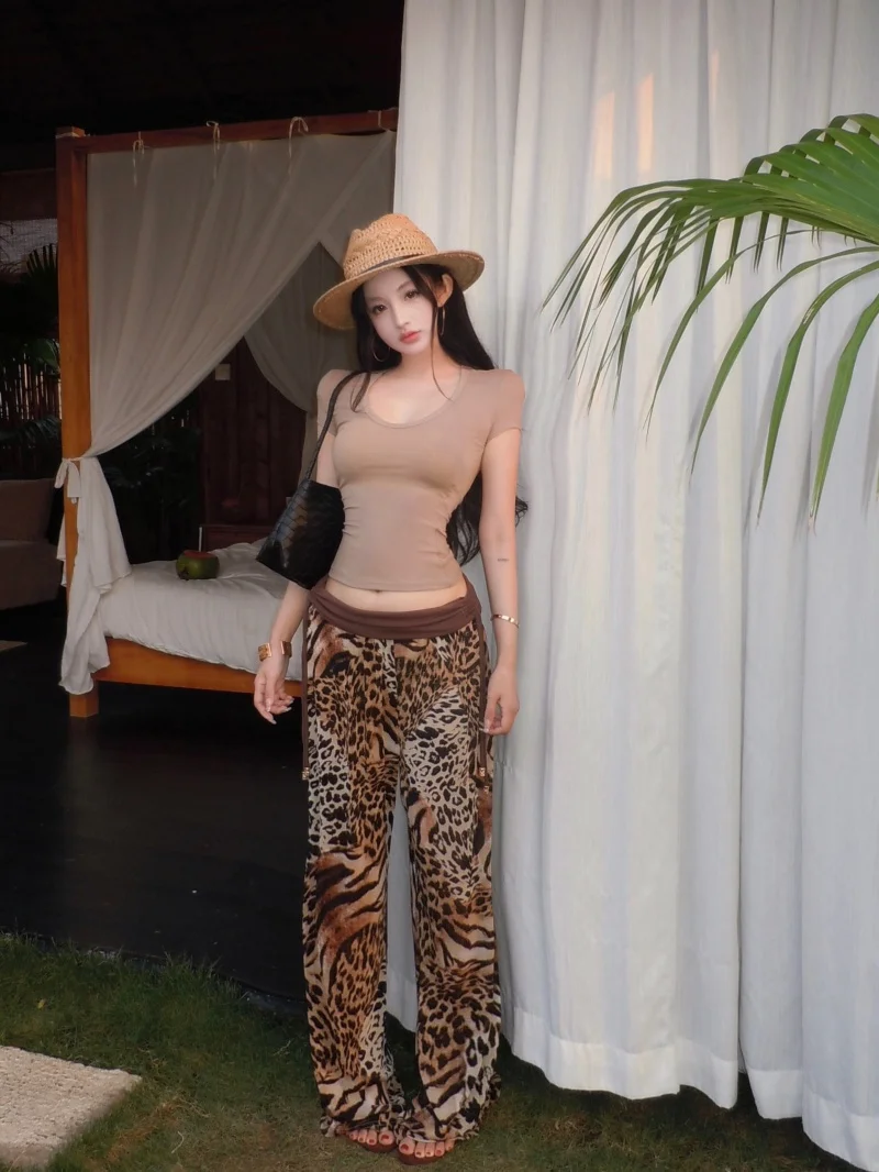 

Spicy Girl Pure Color Shoulder High Waist Wide Leg Short Sleeve T-Shirt And Pants Two Piece Set Summer Fashion Women's Clothing