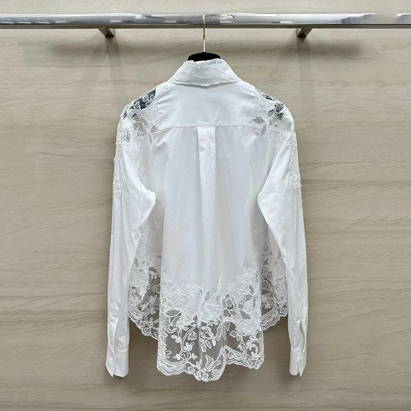 Embroidery hollow mesh embroidery lapel women\'s shirt temperament fashion long-sleeved blouse, high quality, 2024, fall, new