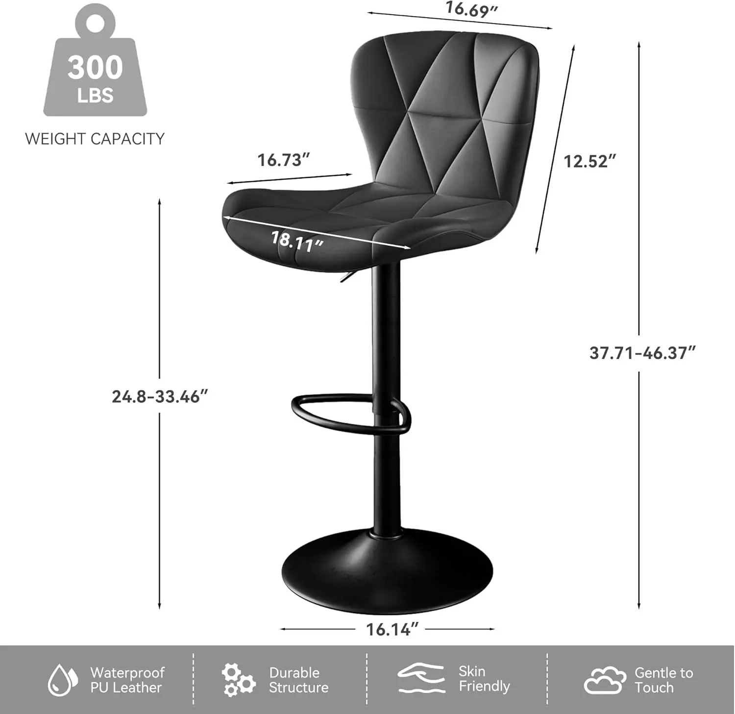 Set of 2, Height Bar Stools, Upholstered Faux Leather Bar Chairs with Metal Base, Modern Bar Stools for Kitchen Counter Dining R
