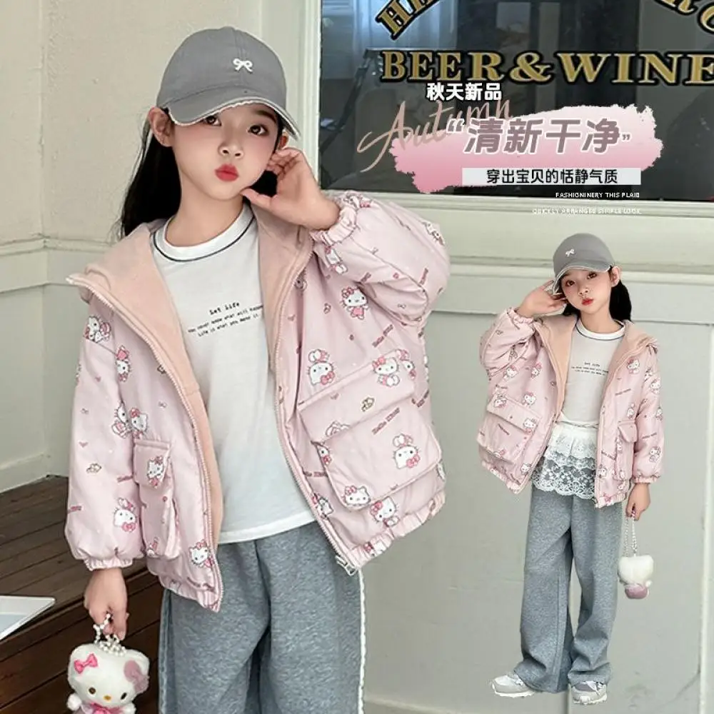 

Cartoon Children's Cotton Padded Clothes Kawaii Sanrioed Hello Kitty Cute Reversible Plus Velvet Coat Girls Student Winter Tops